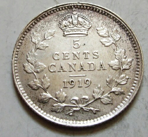 1919年カナダ銀貨5セント硬貨。良品(RJ61)