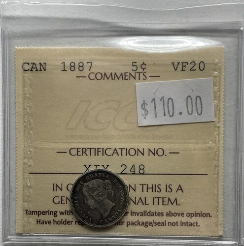 1887年 ビクトリア朝カナダ 銀貨 5セント ICCS認定 VF-20. M-261