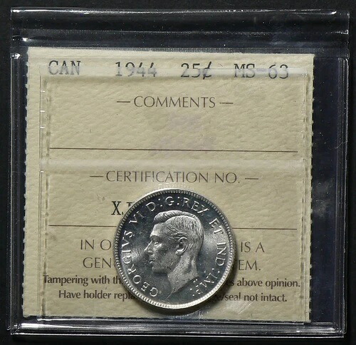 1944年カナダ25セントICCS MS63 重大なダイクラッシュエラー表裏 #19247