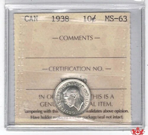 1938年カナダ10セント - ICCS MS63 - XD 029