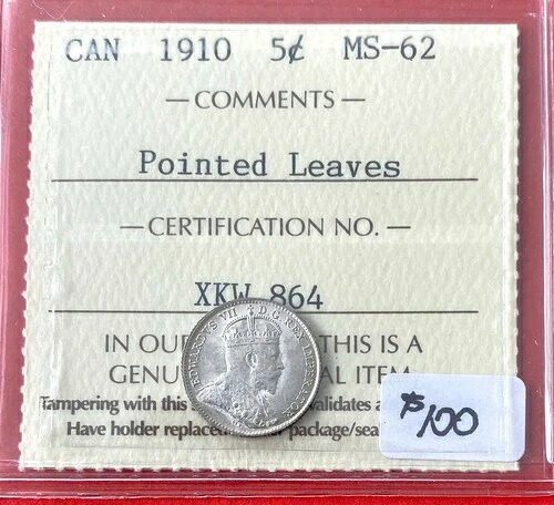 1910年カナダ5セントICCSグレードMS-62尖った葉