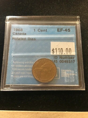 1968年製 ERROR、回転ダイス、CCCSグレード、カナダ製、小型1セント、**EF-45**