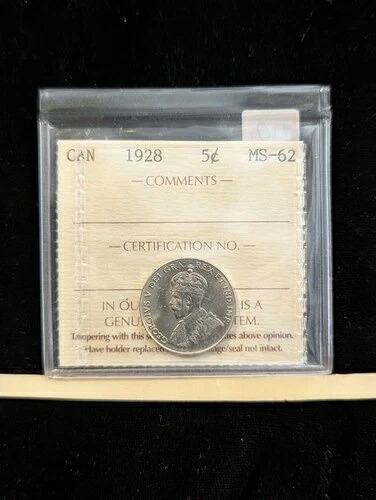 1928 年 ICCS グレードカナダ 5 セント、**MS-62** #LT 084