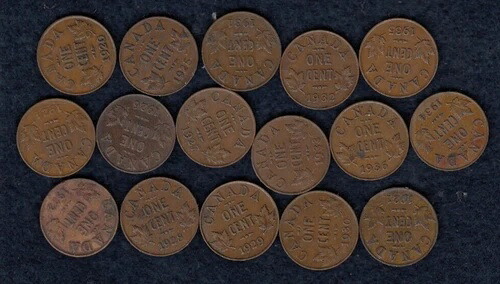 16個ロット カナダ スモール セント VG-VF 1920-36 - ジョージキング5世 - Some Keys Inc A6-
