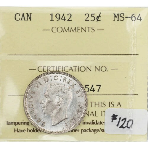 カナダ 1942年 25セントクォーター銀貨 - ICCS MS-64