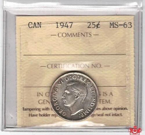 1947年カナダ25セント - ICCS MS63 - KO 008