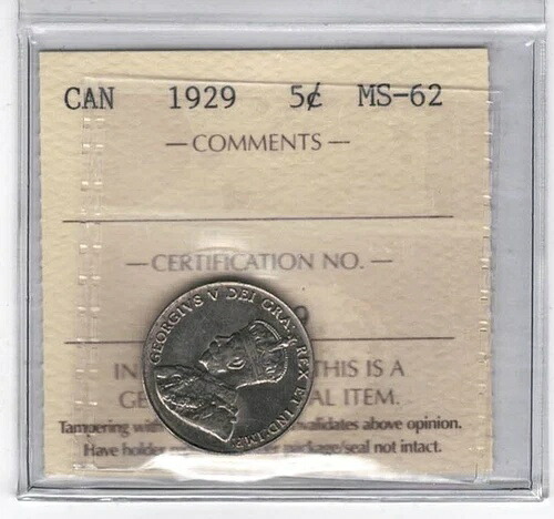 1929年カナダ5セント - ICCS MS62 - AM 099-