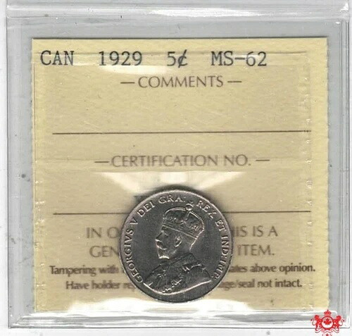 1929年カナダ5セント硬貨（近日発行） - ICCS MS62 - XUV 188