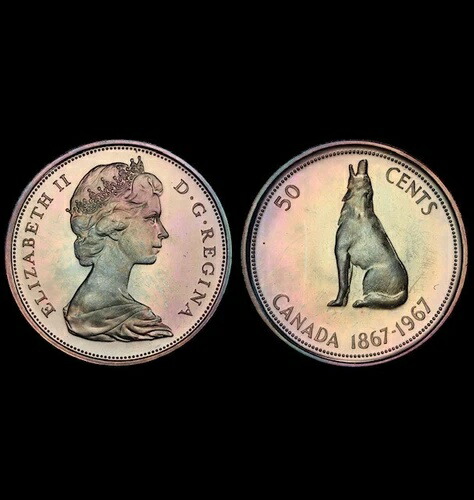 PR66CAM 1967年 カナダ ウルフ シルバー 50セント プルーフ、PCGSセキュア - レインボートーン画像