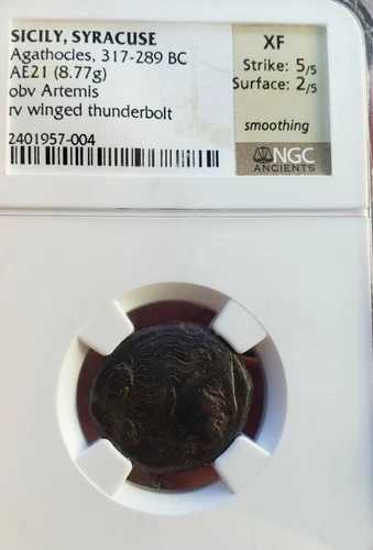 シチリア島 シラクサ アガトクレス 紀元前317-289年 アルテミス像。古代ギリシャ NGC XF 希少