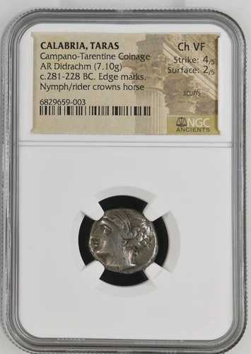 カンパノ・タレンティーノ貨幣 カラブリア、タラス AR ディドラクマ - グレード NGC Ch VF スカッフ