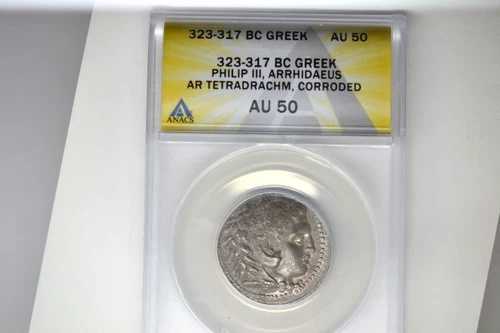 古代ギリシャ - フィリップ3世（紀元前323-317年）。ARテトラドラクマ - ANACS AU-50腐食。