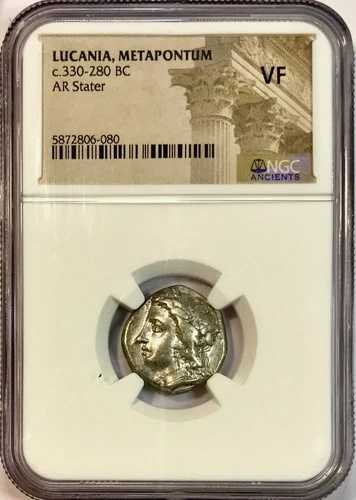 HN-1589 紀元前330-280年 ルカニア・メタポントゥム 古代ギリシャ 銀製 スタテル・グリフィン NGC VF
