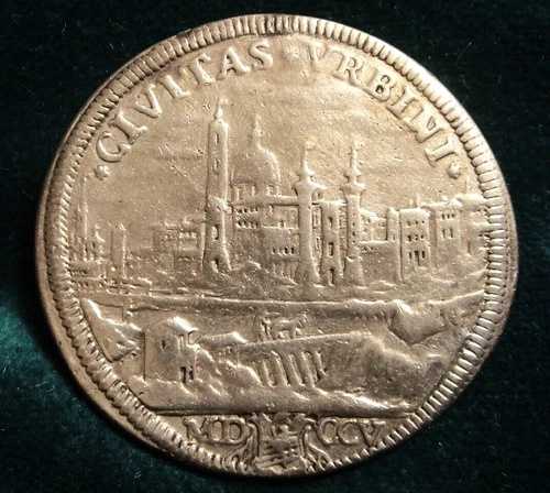 教皇領クレメンス11世ハーフ・ピアストラ1705年銀貨ウルビーノの風景希少