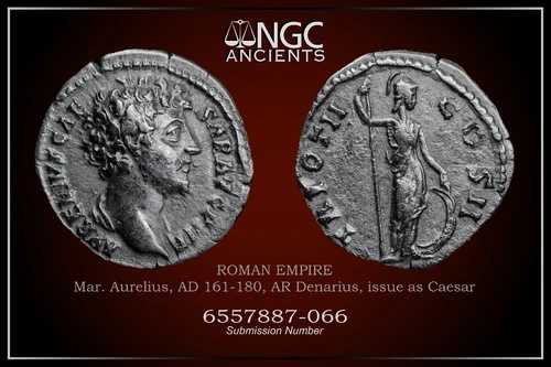 マルクス アウレリウス カエサル 古代コイン NGC Ch VF。 AR デナリウス AD 161 ～ 180。 A1259