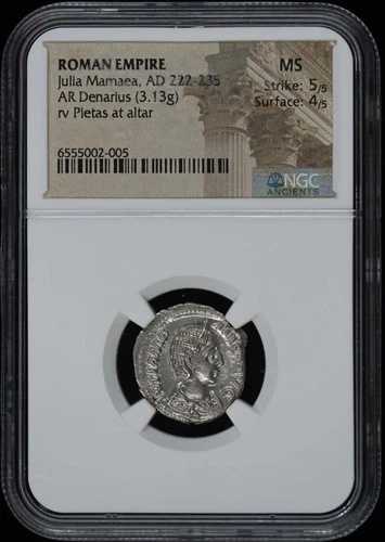 ジュリア・ママエア、AD 222-235 ローマ帝国 AR デナリウス NGC MS60