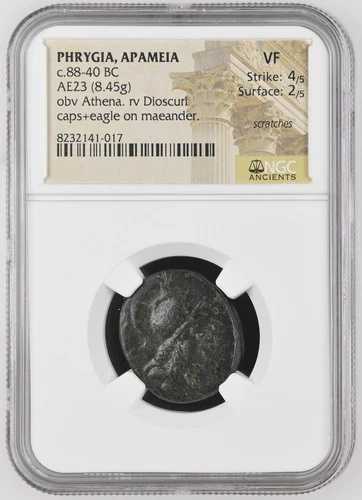 紀元前88-40年 ギリシャ アパメイア 紀元前88-40年 AE23 NGC Ancients VF obv Athena. rv Dioscuri ca