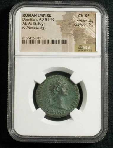 AE ローマ皇帝ドミティアヌス帝の時代、モネタの逆立ち 西暦85年 NGC Ch XF 6015