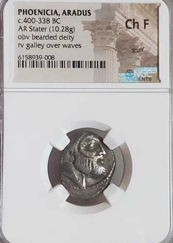 フェニキア、アラドゥス・スタテル髭神像とガレー船 NGC CH 高級古代銀貨