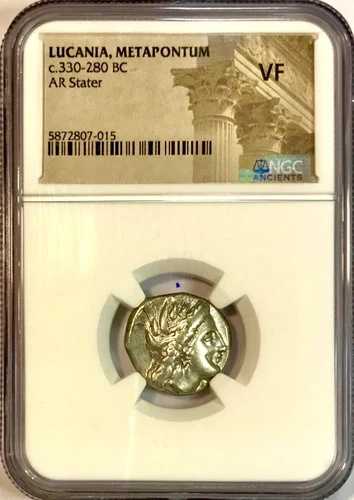 紀元前330-280年頃のルカニア・メタポントゥムの美しい古代ギリシャ銀貨 NGC VF