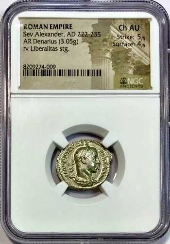 ボールド 222-235 年 セウェルス・アレクサンダー 古代ローマ銀貨 デナリウス NGC チョイス AU