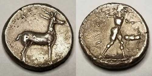 紀元前480年頃 - 388年頃 古代イタリア ブルッティウム・カウロニア AR ステイター 槍/鹿を持つアポロ