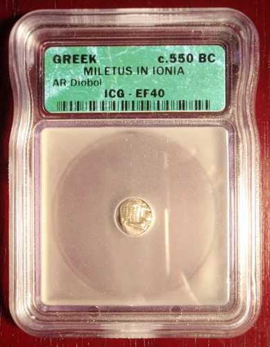紀元前 550 年頃の希少で見事な銀製ギリシャ ディオボル、イオニアのミレトス ICG EF40!