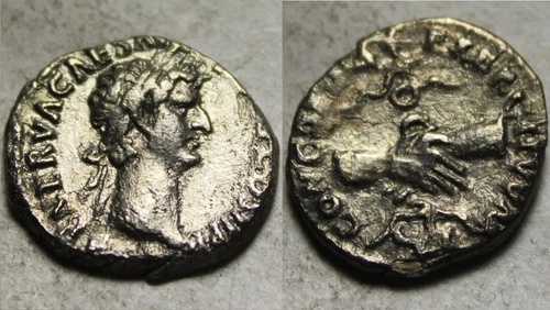 本物の古代ローマ硬貨ネルウァ銀貨デナリウス、握りしめられた鷲の紋章