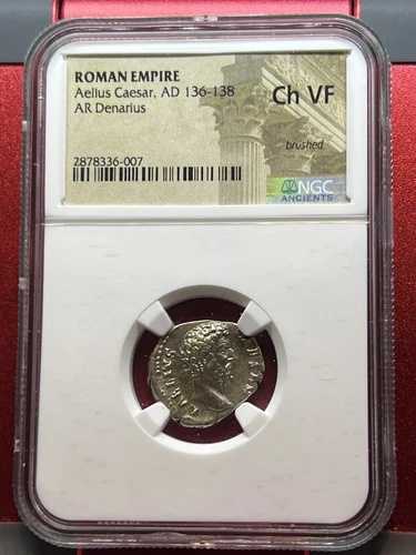 古代ローマ銀貨 デナリウス ルシウス アエリウス カエサル コンコルディア NGC Ch VF