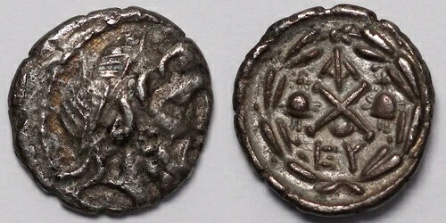 古代ギリシャ銀貨 アカイア同盟 ラケダイモン/スパルタ ヘミドラクマ 紀元前85年 希少