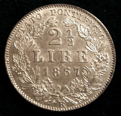 バチカン教皇庁 ピウス9世 2 1/2リラ 1867年 銀貨 ローマ 良好