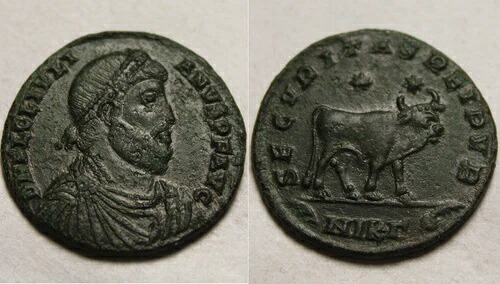 希少な古代ローマコイン、ユリウス2世背教者 AE 1 361 Bull Stars Nicomedia