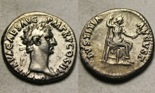 本物の古代ローマ硬貨ネルウァ銀貨デナリウス、握りしめられた鷲の紋章