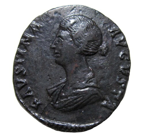 ブロンズのセステルティウス。ファウスティナ 2 世、マルクス アウレリウスの妻、西暦 147 ～ 175 年。珍しいタイプ。