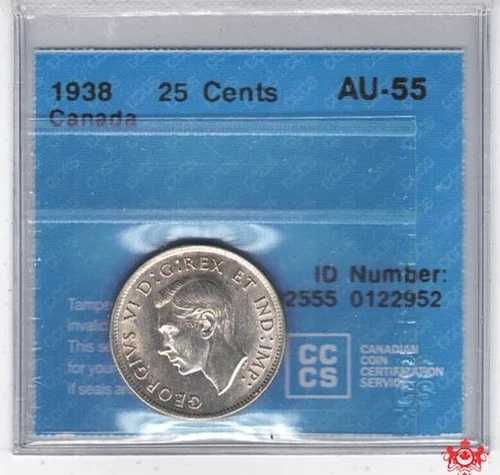 1938年カナダ25セント - CCCS AU55 - 0122952-