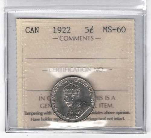 1922年カナダ5セント - ICCS MS60 - JT 740-