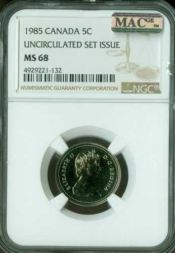 1985年 カナダ 5セント NGC MS68 PQ 2nd FINEST GRADED MAC SPOTLESS *