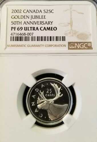 2002年 カナダ 銀貨 25セント ゴールデンジュビリー 50周年記念 NGC PF 69 ウルトラカメオ
