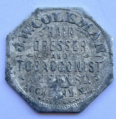 1863 トークン 3D - (3) ニュージーランド オークランド クイーン St J.W.コールマン チェックトークン、米国製