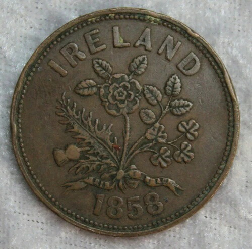 1858年 ウィリアム・ホジンズ、銀行家、アイルランド クロジョーダン ペニートークン - 1ペンス - R239/A659