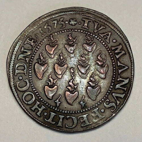 1575年 オランダ ドルドレヒト ジェトン銅貨 29.5mm 炎のハートブック 1500年代トークン