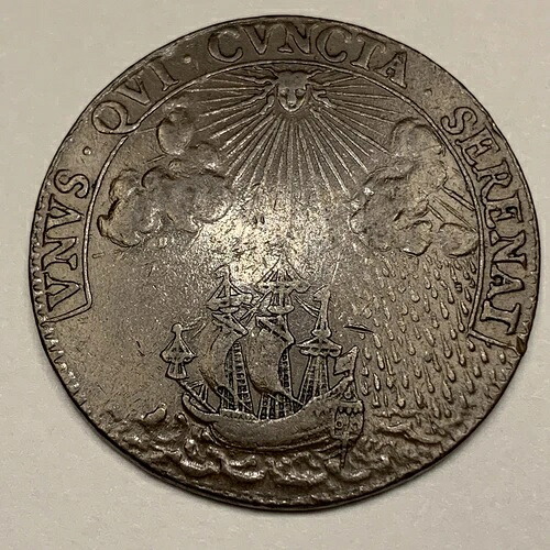 1685年フランス・ジェトンコイン ? アンリ・ド・フルシー、船と紋章、1600年代の古いトークン
