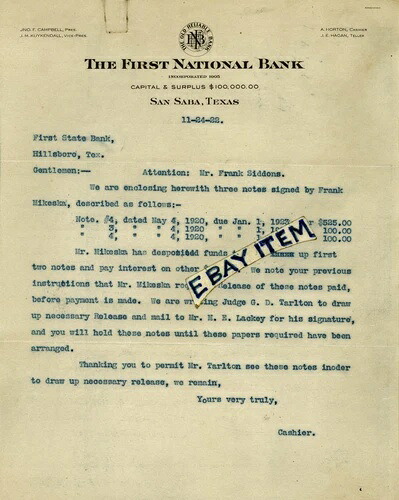 1922年のレターヘッド FIRST NATIONAL BANK サンサバ テキサス J CAMPBELL Kuykendall HORTON