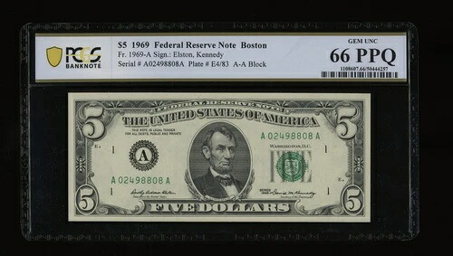 DBR 1969 $5 FRN ボストン ジェム神父1969-A PCGS-B 66 PPQ シリアル A02498808A