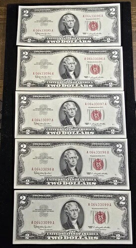 1963 年 $2 2 ドル紙幣レッド シール - UNC 連続シリアル番号 5 枚のロット!!