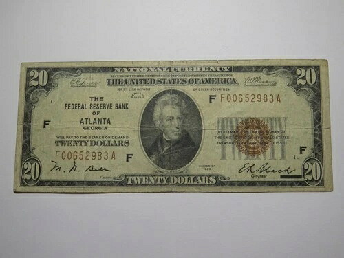 1929年アトランタ・ジョージア州20ドル連邦準備銀行券（紙幣）FINE