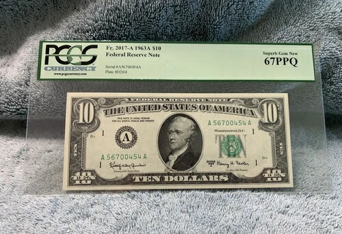 1963年 A 10ドル連邦準備銀行券 Fr 2017-A PCGS 通貨 67 PPQ