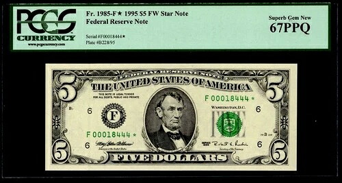 1995年 $5 FRN アトランタ FR: 1985-F*。PCGS: 67 PPQ。少量生産、希少グレード、ファンシーローシリアルナンバー入り。