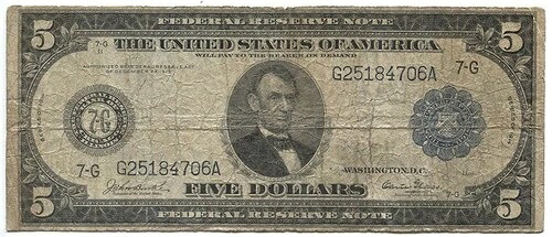 1914年 5ドル連邦準備銀行券 シカゴ Fr#869 状態良好、多少汚れあり、状態良好