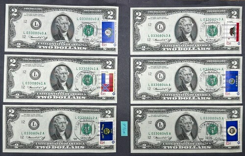 1976年発行初日の2ドル紙幣6枚連続セット #76A